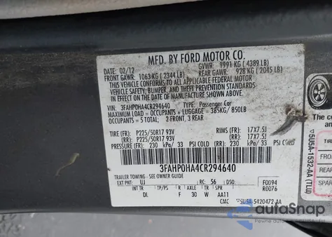 2012 Ford Fusion Se z USA, uszkodzony, nr VIN 3FAHP0HA4CR294640